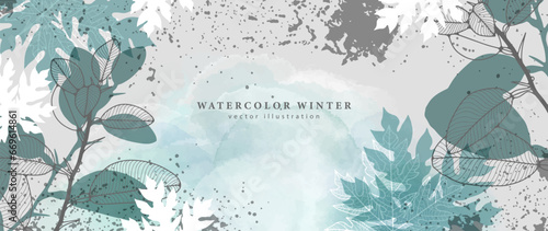 Watercolor winter background with unusual leaves and splashes. Vector background for decor, wallpaper, covers, cards and presentations.