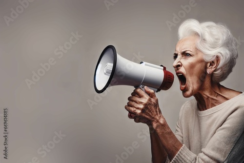Senior woman yelling on a megaphone on a solid background