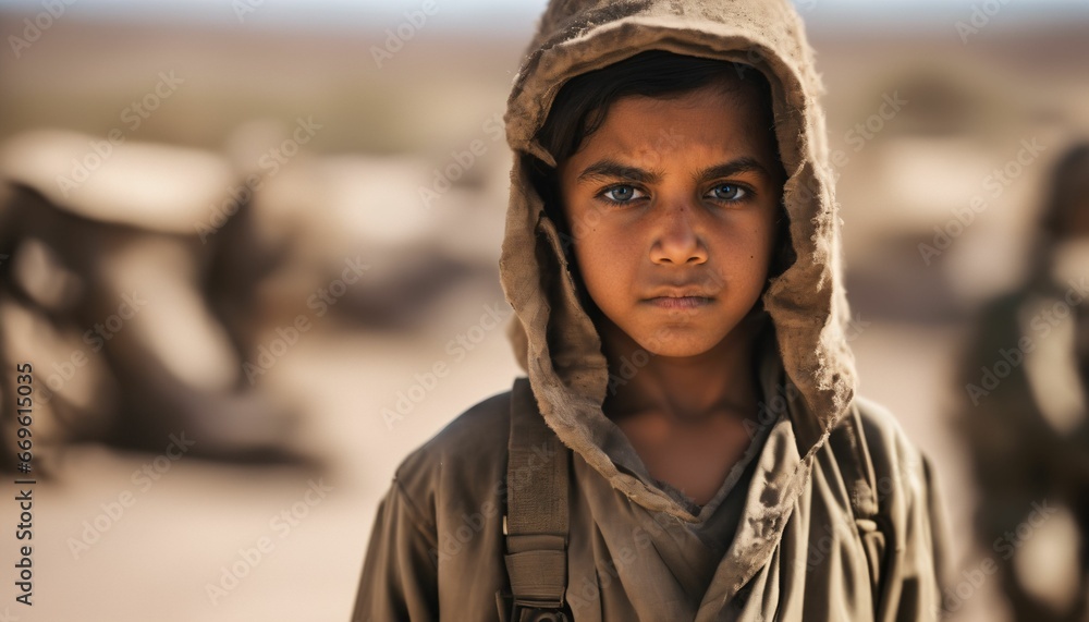 Portrait of a disheveled child in torn clothes amid desert war zone
