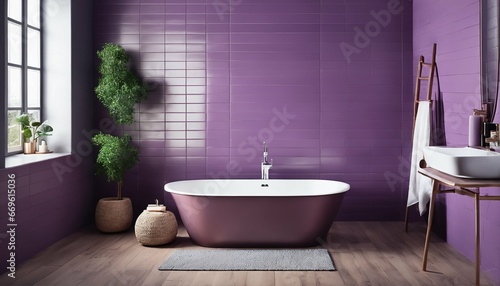 Wooden cabinet and mirror in minimalist bathroom  Lined with purple tiles and featuring a bathtub