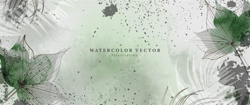 Watercolor green background with unusual leaves and splashes. Vector background for decor, wallpaper, covers, cards and presentations.