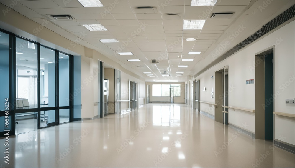 Unfocused background of a hospital hallway and reception clinic