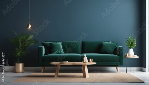 Bright and cozy living room: Modern interior featuring green sofa against dark blue wall © ibreakstock