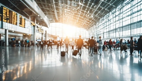 Passenger flow in motion in the departure terminal of an international airport. A crowd of people creating a travel and transportation background