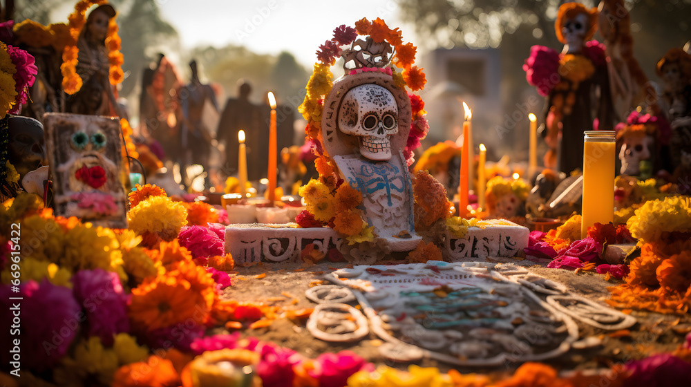 Traditional Day of the Dead altar with candles, marigold flowers, vibrant skull decor, and offerings amidst a ceremonial setting