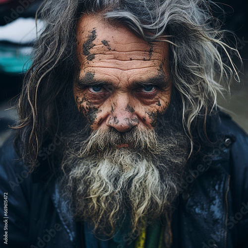 Portrait of a homeless man close up, sadness in the eyes, Generative AI