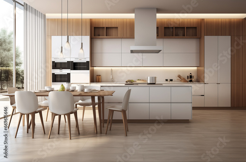 A luxury kitchen of a beautiful bright modern Scandinavian style, generative AI © TimosBlickfang