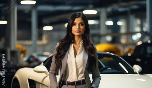 East Indian Female Wealthy Executive Sports Car Background Generative AI