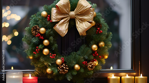 Christmas wreath decorated with bows and other high-quality Christmas decorations 4K