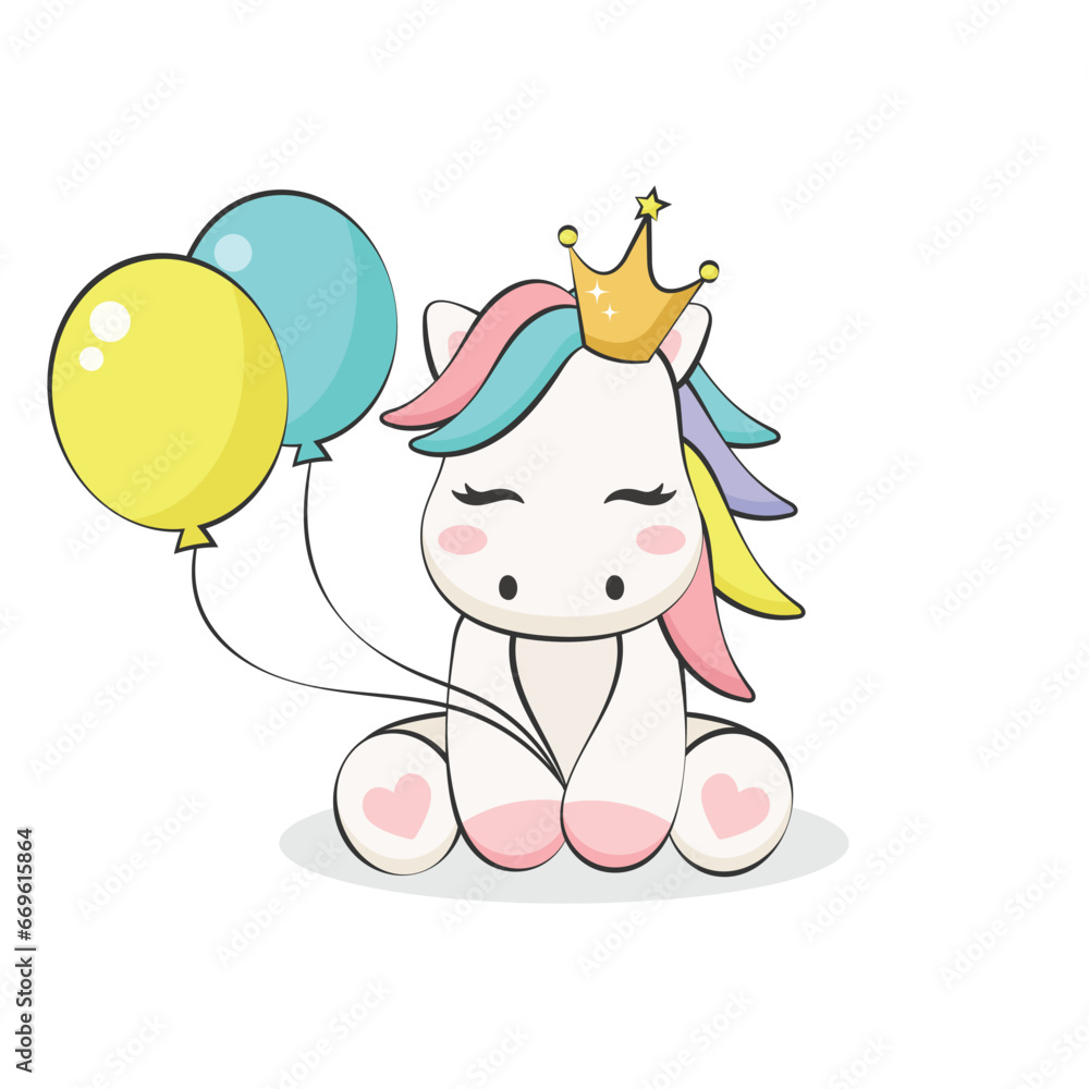 Pony with balloons isolated on white background. Vector illustration