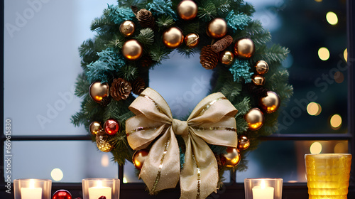 Christmas wreath decorated with bows and other high-quality Christmas decorations 4K