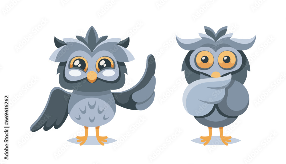 Cute Cartoon Owl With Big, Round Eyes, Soft Grey Feathers, And A Sweet, Wide Smile, Radiating Adorable Charm