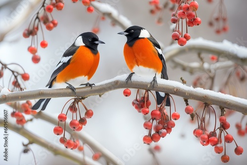 two magpies on a branch of a persimmon. covered in white snow. generative AI