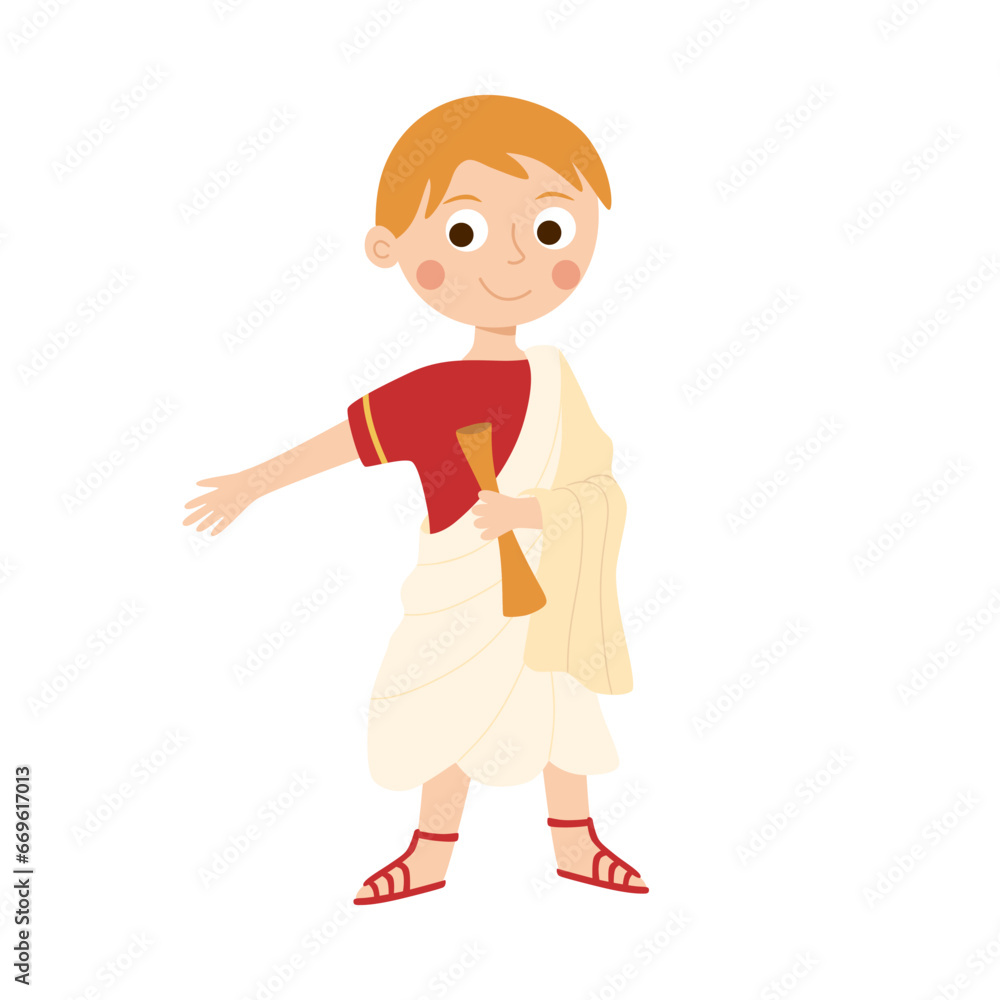 Greek philosopher cartoon character. Ancient boy in toga isolated element. Person wear traditional Roman or Greek clothes. Ancient knowledge and history. Vector child illustration.
