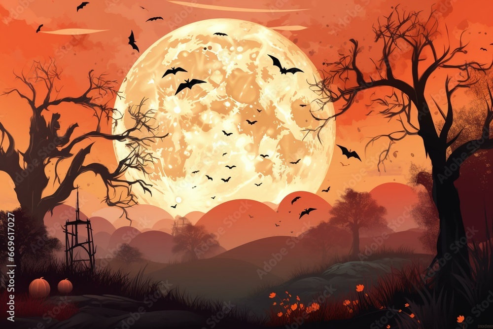 An autumn scene with Halloween-themed elements including a bat, pumpkin, and a vibrant moon. Generative AI