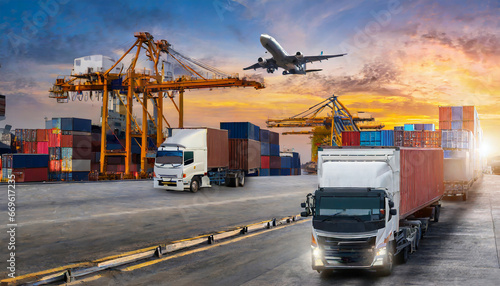 Container truck in ship port for business Logistics and transportation of Container Cargo ship and Cargo plane with working crane bridge in shipyard at sunrise, logistic import export and transport