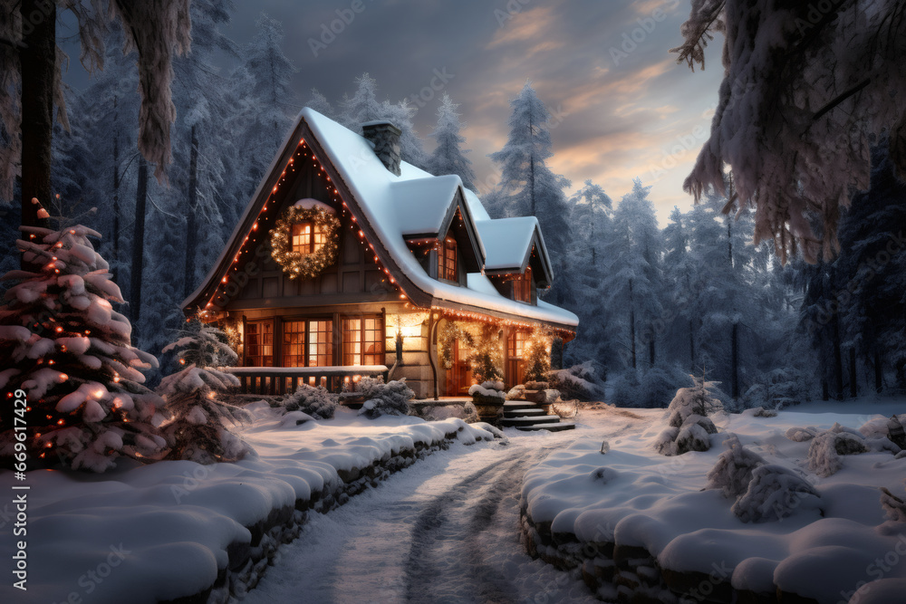 A cozy Christmas decorated cabin in snowy winter landscape. Generative AI A cozy Christmas decorated cabin in snowy winter landscape. Generative AI