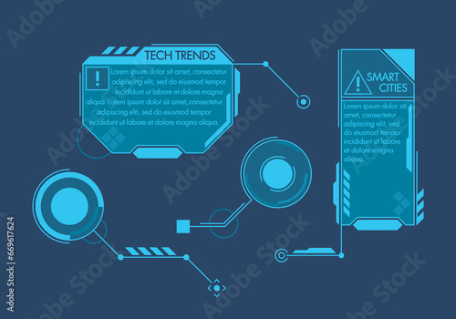 Set Of Futuristic High-tech Interactive Elements In Style. Blue Neon Glowing Frames, Footnotes, Sights, Buttons