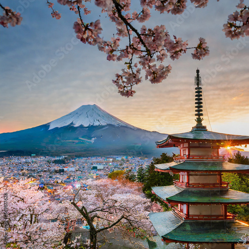 Fujiyoshida  Japan Beautiful view of mountain Fuji and Chureito pagoda at sunset  japan in the spring with cherry blossoms