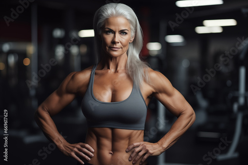 An elderly lady bodybuilder in the gym. An old woman leads a healthy lifestyle