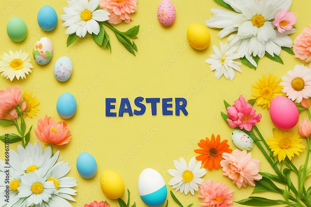 Awesome happy Easter card in photo of spring flowers and Stylish eggs generative AI.
