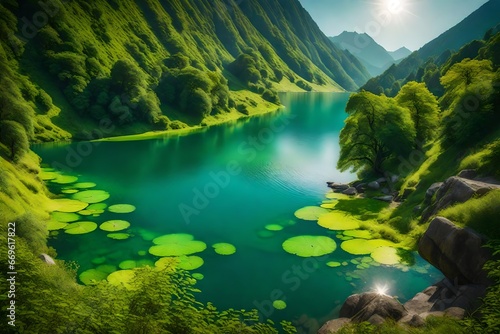  A mountain lake surrounded by lush greenery