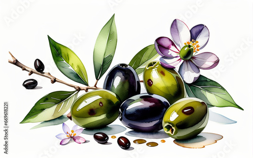 Olives with leaves and flowers. Done in watercolor. White background. AI