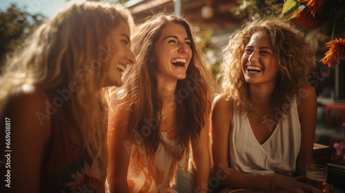 A group of friends laughing uproariously, caught in the throes of infectious happiness.