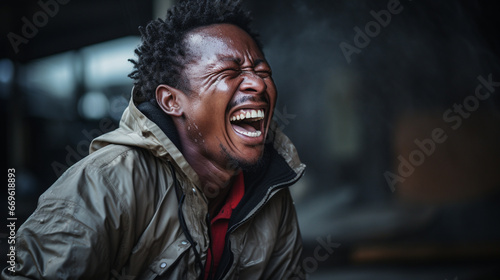 A person in the midst of a belly-aching, uproarious fit of laughter, unable to contain their mirth.