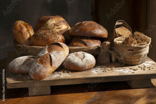 Artisanal bread displayed on wooden board. Generative AI