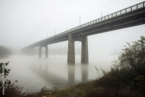 A misty bridge spanning over a river. Generative AI © Idris