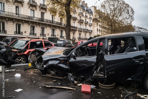 Car wrecks in urban incident in Paris. Rollover of smoking cars after collision. First aid, drive insurance. Generative AI