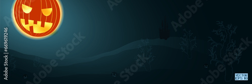 Animated Halloween Festive Background. Haunted Castle on Mountain. Witches in the Moonlight Sky. Holiday Wallpapers. Vector. 3D Illustration
