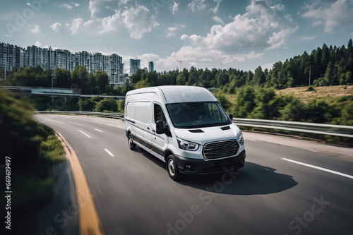 White modern delivery small shipment cargo courier van moving fast on motorway road to city urban suburb. Business distribution and logistics express service