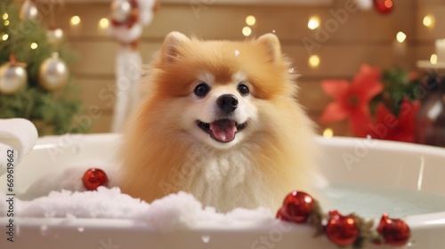 Relaxing Christmas Dog Spa: Wellness, Beauty, and Santa's Delight with Tea and Coffee © Generative Professor