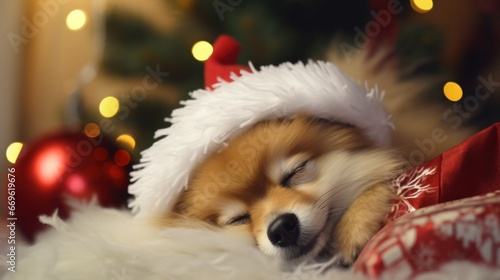 Red Christmas Bed: Adorable Small Dog Takes a Nap