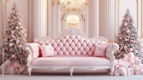 Renaissance-Inspired Holiday Haven: Elegant Pink and White Christmas Interior with Baroque Decor, Cozy Couch, and Festive Tree