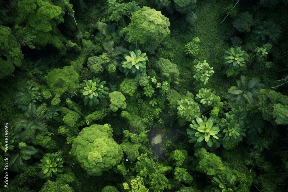 Bird's-eye view of lush woodland. Tropical rainforest. Generative AI