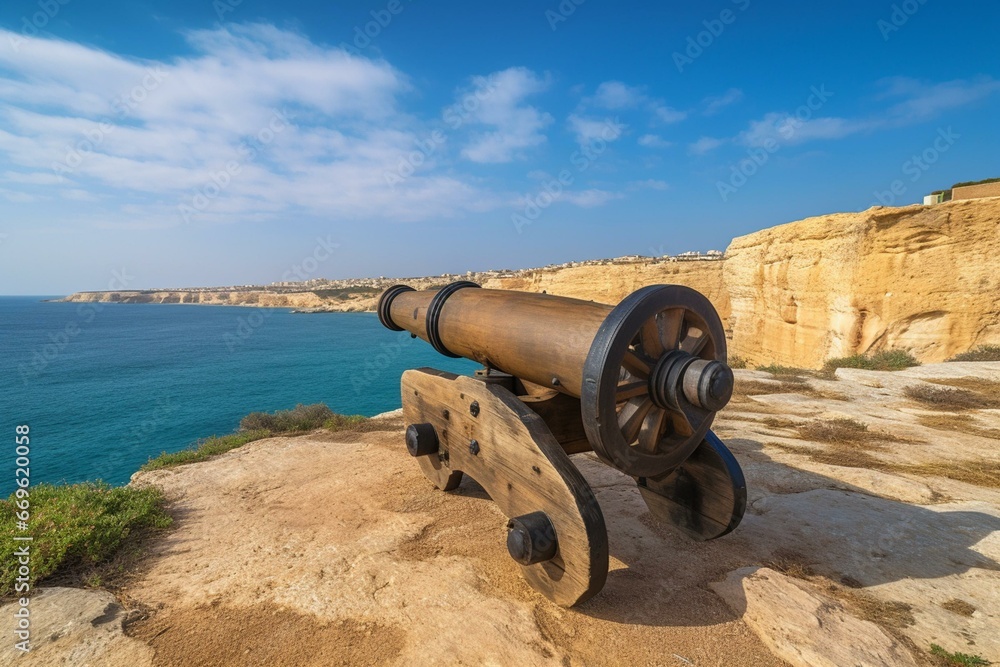 Authentic medieval cannon on Mediterranean coast, Malta. Generative AI