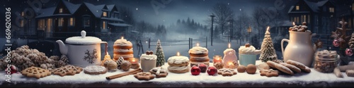 Tradtional Christmas Baking: Sweet Cookies and Pastry Ingredients on Festive Table Background photo