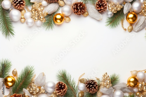 a luxury colorful christmas border with christmas brance, pine tree leaf, little lamps tumblr, white luxury metal background for flat lay, generative ai