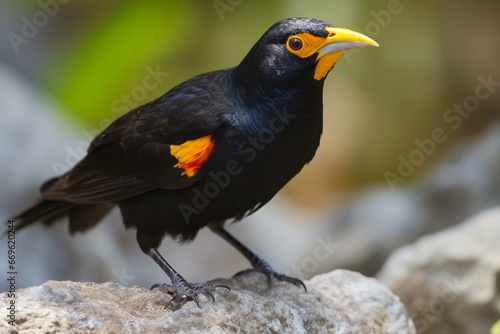 Medium-sized sexually dimorphic bird. Male bird is black with golden orange-yellow crown, bill, feet, and yellow iris. Female is a brown bird. Generative AI photo