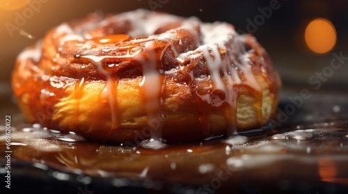 A cinnamon roll with icing on it is sitting on a table, AI photo