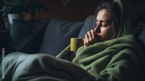 Shivering woman catching cold lying on a sofa with lots of blankets photo