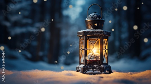 lantern in the snow, snowflakes