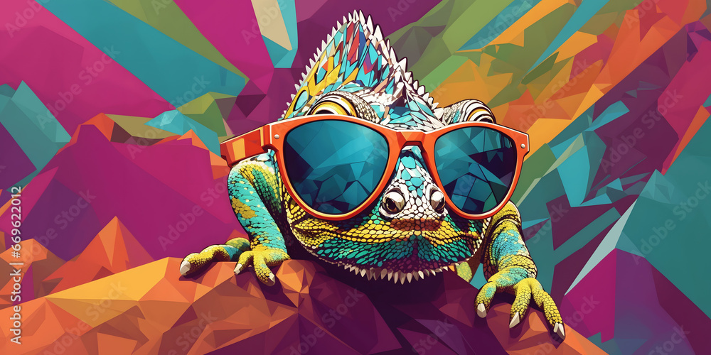 Chameleon donning stylish sunglasses, set against a solid color background.