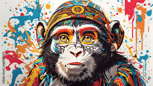Tribal art and folklore, colorful graffiti illustration of monkey.