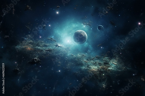 A view of a 3D fictional planet in space with stars. Generative AI © Phoenix