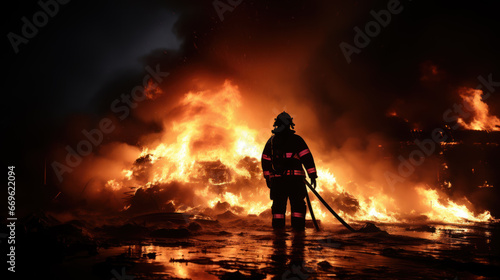 A firefighter standing amidst a roaring blaze, with flames illuminating the night and casting a powerful glow