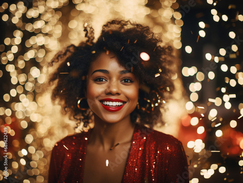 Portrait of smiling beautiful young black woman at the party surrounded with confetti and lights 